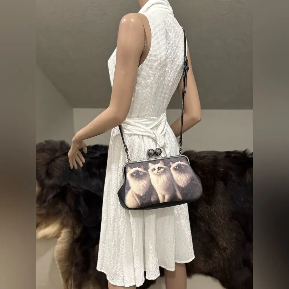 Unique Cats Print Pebble Cowhide Handmade Large Ball Kisslock Handbag, Multi Use